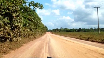 Traveling the dirt road on the way to colony Jamic in the Amazon rainforest