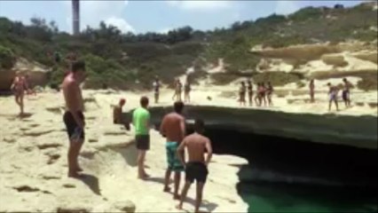 Ce chien saute du haut d'un rocher pour aller se baigner