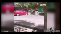 Furious farmer forcibly removes illegally parked car with his tractor