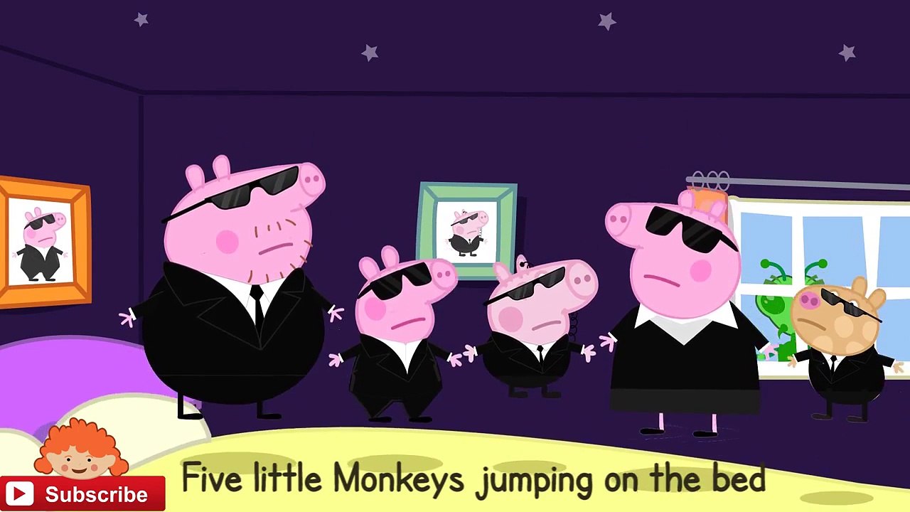 5 Little Peppa Pig family men in black costumes jumping on the bed | Nursery rhymes song