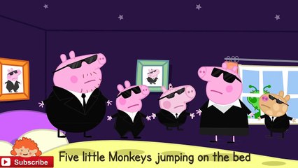 5 Little Peppa Pig family men in black costumes jumping on the bed | Nursery rhymes song
