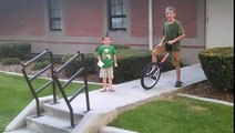 10 Year Old Rides Unicycle Down Stairs.  Brother Chases Him