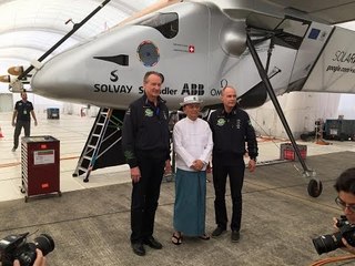 Solar plane touches down in Mandalay