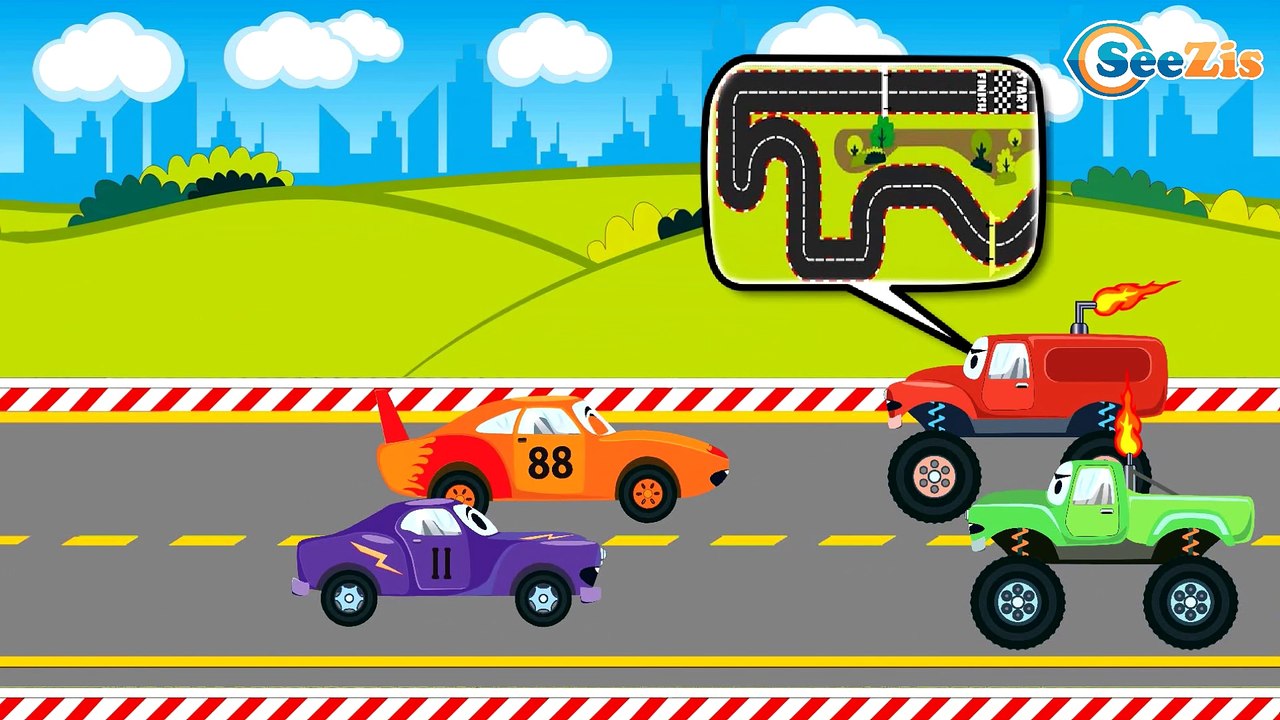 Cars Cartoon for kids. Monster Truck with Racin...