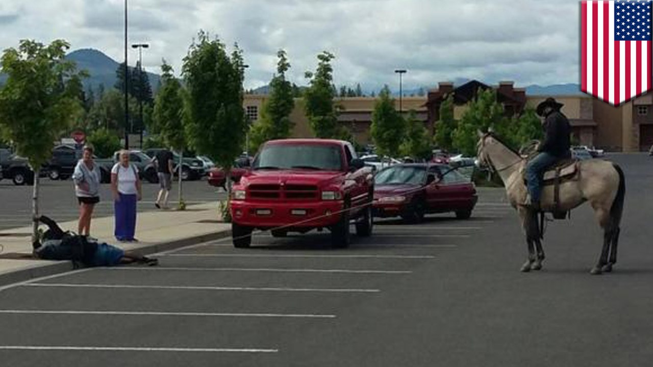 Rancher on horseback lassos bike bandit in Walmart parking lot