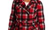 New Southpole Juniors Plus-Size Belted Plaid Trench Coat, Red, 2 Top