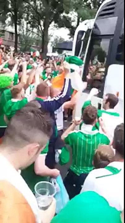 Ireland v Sweden. Irish fans in front of coach
