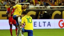 Lucas Lima of Brazil celebrates his goal with Dani Alves in this strange way