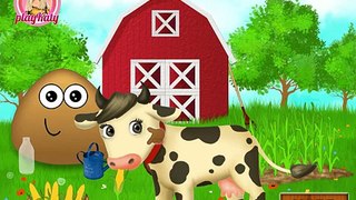 Happy Pou with cow and chicken At The Farm