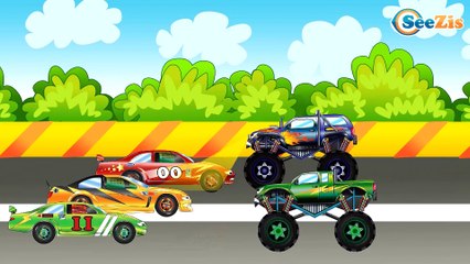 下载视频: ✔ Car Cartoons for children / Racing Cars and Monster Trucks — competition for track / Series 16✔