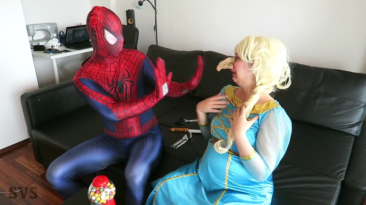 SPIDERMAN & FROZEN ELSA vs EVIL QUEEN! Elsa Gets Giant Nose Bubble Gum Challenge Superhero Real Life