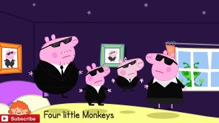 5 Little Peppa Pig family men in black costumes jumping on the bed | Nursery rhymes song