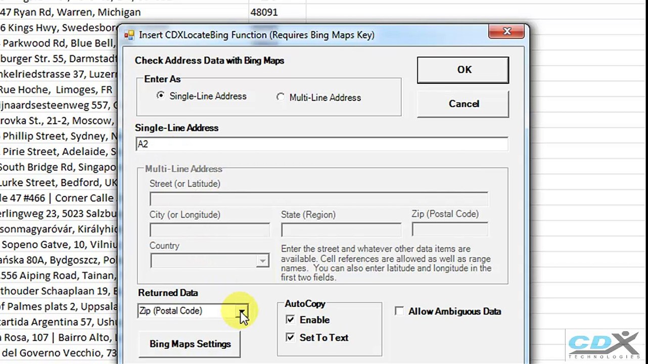 Lookup ZIP Codes for Addresses in Excel using Bing Maps