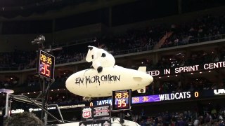 The Chick-Fil-A 23 ft blimp flying in the Sprint Center