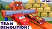 TEAM DEMOLITION --- Join Lightning McQueen from Disney Cars as they see how many bricks they can knock down, Featuring Spiderman, Mater, Captain America and Ironman from The Avengers, Batman, Ultron, Star Wars and many more family fun toys