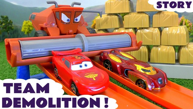TEAM DEMOLITION - Join Lightning McQueen from Disney Cars as they see how many bricks they can knock down, Featuring Spiderman, Mater, Captain America and Ironman from The Avengers, Batman, Ultron, Star Wars and many more family fun toys