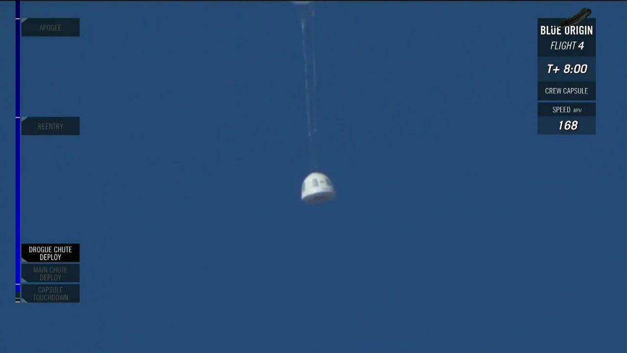 Blue Origin Capsule lands with 2 parachutes