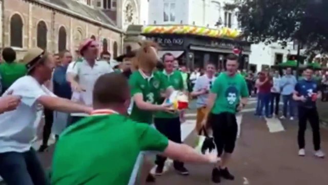 Un supporter irlandais avec une tête de cheval envoie le ballon dans une chambre de l'hôtel