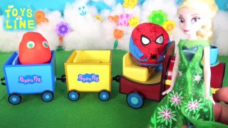Spiderman Frozen Elsa toys in grandpa pigs train Play-doh masks? Fun video TOYS LINE