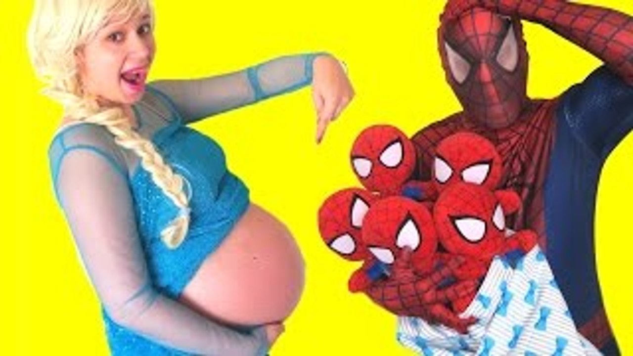 Spiderman and friends Pregnant Elsa and Pink Spidergirl!  Funny video