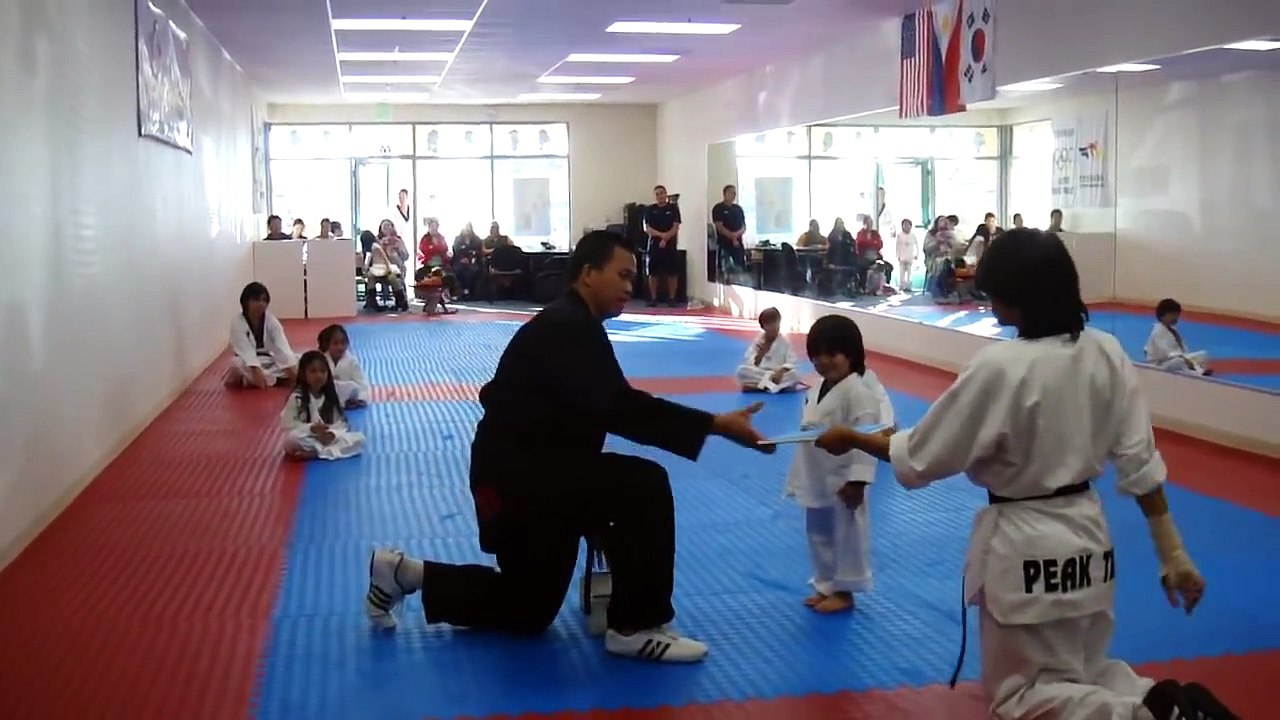 Un enfant essaie de casser une planche au cours de taekwondo