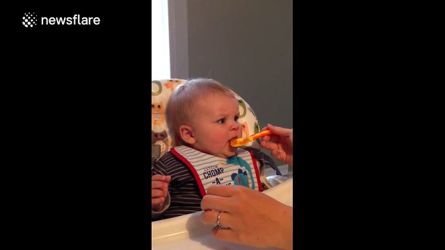 Baby tries solid food for the first time and pulls some hilarious facial expressions