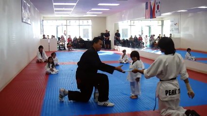 Un adorable petit garçon galère à casser une planche en cours de Taekwondo !