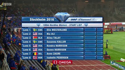 100m haies F - DL Stockholm, 19 juin 2016 (retour de S. Kallur, victoire Kendra Harrison)