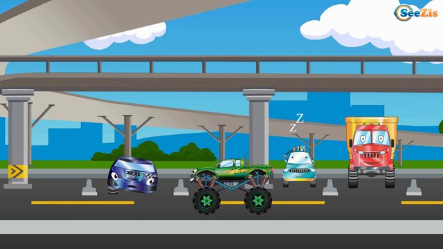 Monster Truck w/ little Pink Car Cartoons for children. Trucks Race for kids. Track with obstacles