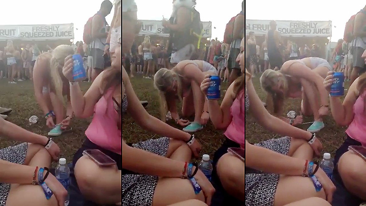 Une blonde trop droguée pour lacer ses chaussures