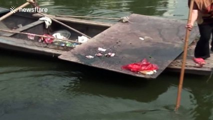 Woman collects money dropped into river