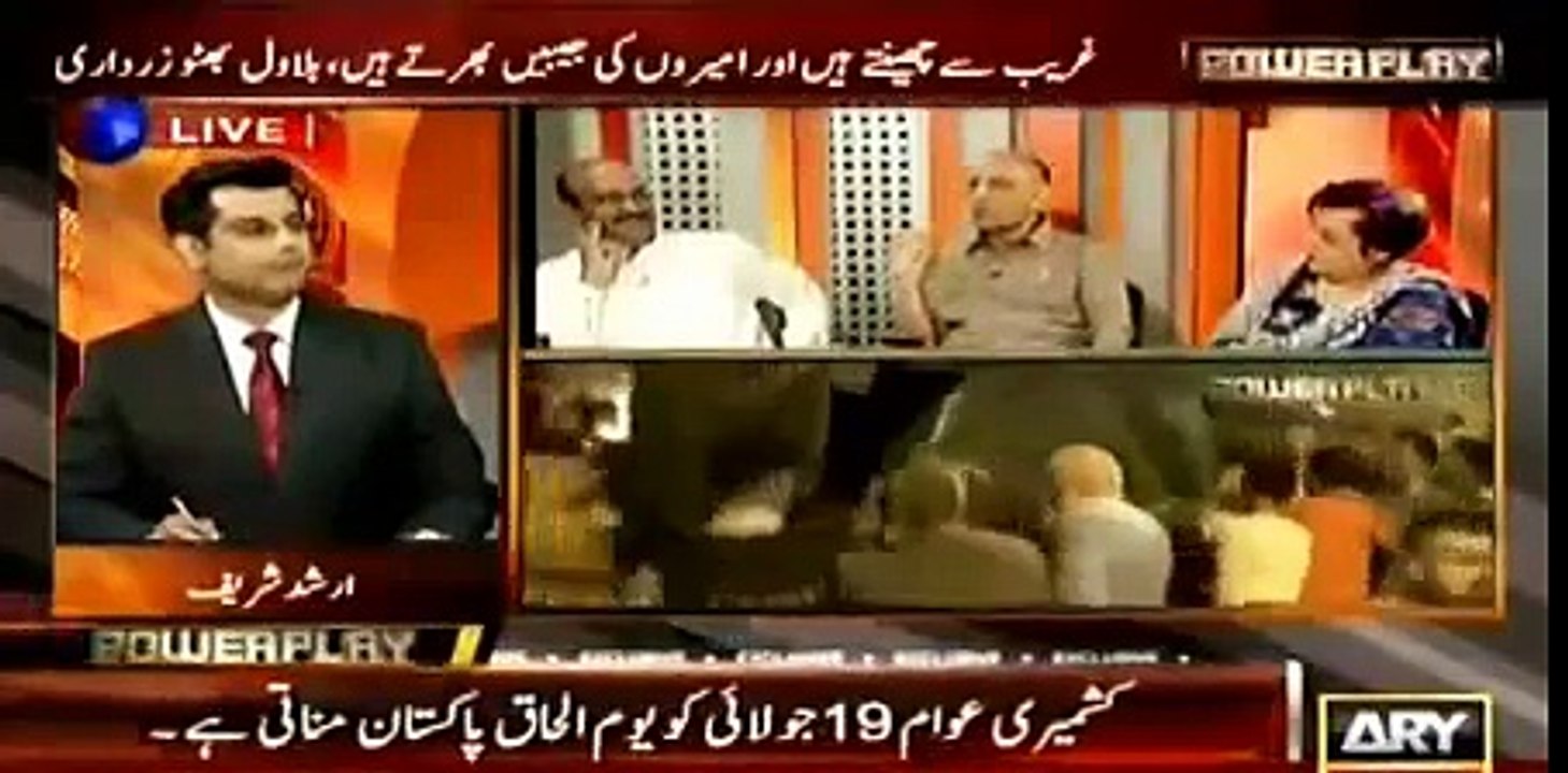 Arshad Sharif plays clips of Benazeer during 1999 Coup and an old clip of people distributing sweets when Nawaz Sharif w