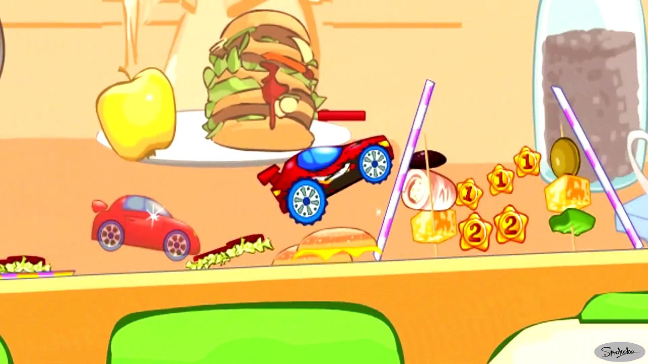 Videos & Cartoons for kids. The Little Racing Car. Racing and Food Obstacles. Gameplay for Children