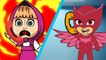 Masha And The Bear with PJ Masks Catboy Gekko Owlette Crying when saw the Wolf