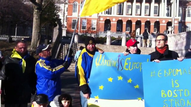 In Boston Ukrainians sign the national anthem of Ukraine on Nov 24, 2013
