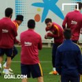 Leo Messi funny nutmeg Gerard Piqué during FC Barcelona training - and their teammates are loving it!