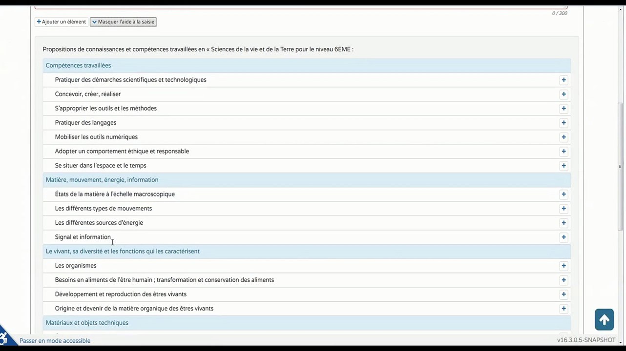 Saisie collective des éléments du programme travaillés