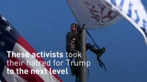 Anti Trump Activists Scale 60 ( Foot Flag Poles Outside Cleveland's Rock and Roll Hall of Fame )