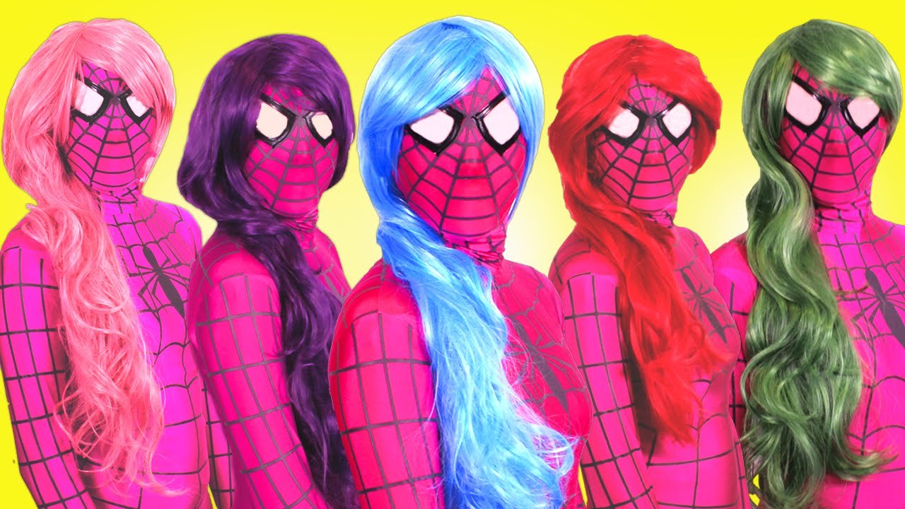 Frozen Elsa & Pink Spidergirl gets RAINBOW Hair w/ Black Spiderman & Jack Frost NERF Challenge