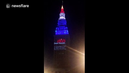 Terminal Tower in Cleveland displays message to Trump during RNC