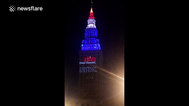 Terminal Tower in Cleveland displays message to Trump during RNC