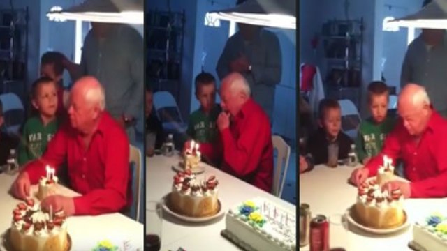 Grandpa Puts Too Much Effort Into Blowing Out The Candles