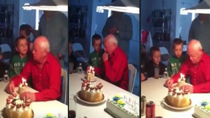 Grandpa Puts Too Much Effort Into Blowing Out The Candles