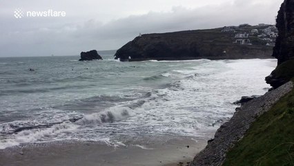 Surf rescue teams train on a stormy day in Cornwall