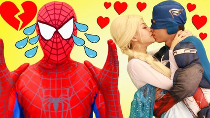 Frozen Elsa Kissing Captain America- w- Spiderman Superwoman Iron Man Venom ! Superhero In Real Life
