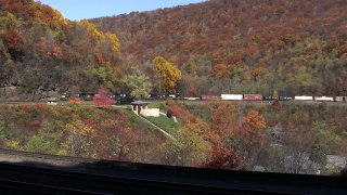 Westbound mixed freight with lots of power - Horseshoe Curve - 10/27/10