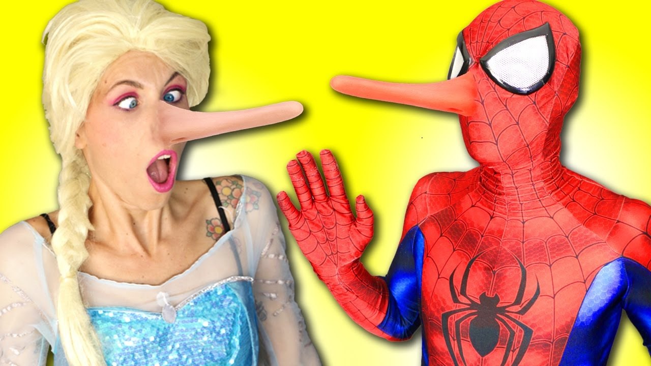 Spiderman is a LIAR! Frozen Elsa gets a long NOSE w/ Pink Fairy, Hulk Superheroes in real movie