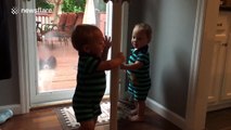 Baby twins look at each other through glass door, and think it's a mirror
