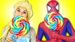 Spiderman vs Candy land w\ Frozen Elsa Magic wardrobe & Superman in Real Life Superheroes