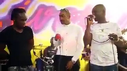 Pat Sako se moquant à la limite de l'injure du pdt GBAGBO lors d'un concert à Paris le 14 juillet 2016 .